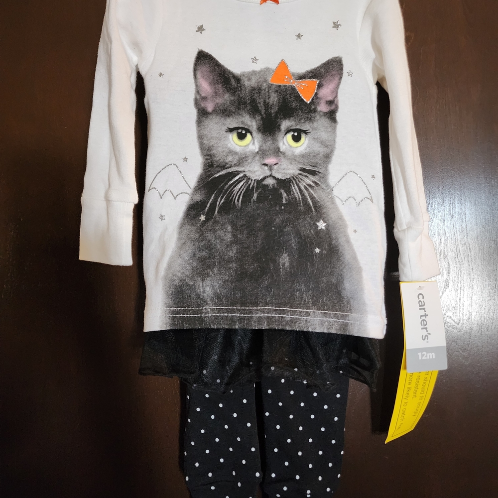 Carter's White Cat Top and Black Polka Dot Leggings Set